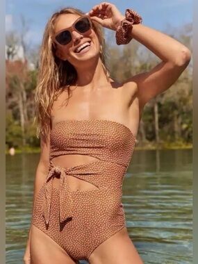 Aerie Strapless Wrap One Piece Swimsuit Brown Pink Print Size  Medium